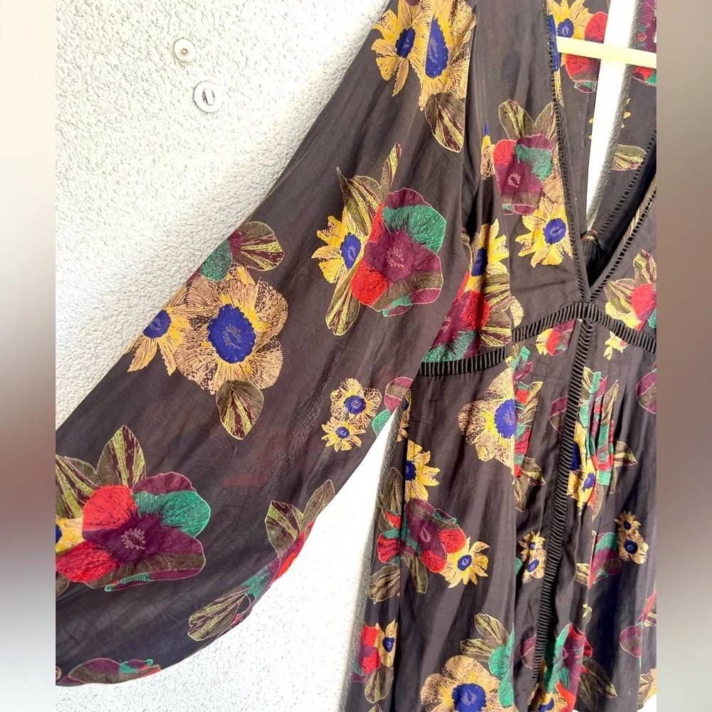 NWOT FREE PEOPLE Strawberry Fields Floral Tunic Dress Brown Long Sleeve Boho SM